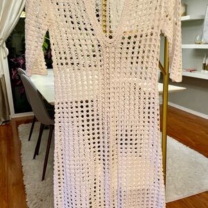 Theory Cream Crochet Knit Med Length Sleeve Midi Dress